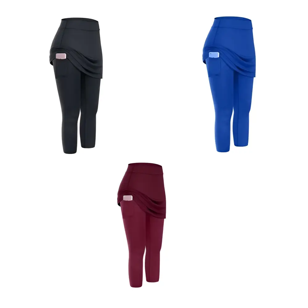 Women tennis skirted leggings in black royal blue and maroon with draped skirt overlay and asymmetrical skirted leggings pockets