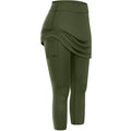 Olive green women tennis skirted leggings with draped skirt overlay and side pockets for active wear
