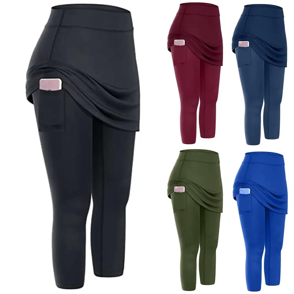 Black women tennis skirted leggings featuring a draped skirt overlay and side phone pocket for activewear use