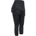 Black women tennis skirted leggings with draped skirt overlay and functional skirted leggings pockets on the side
