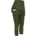 Olive green women tennis skirted leggings with draped skirt overlay and skirted leggings pockets on the side