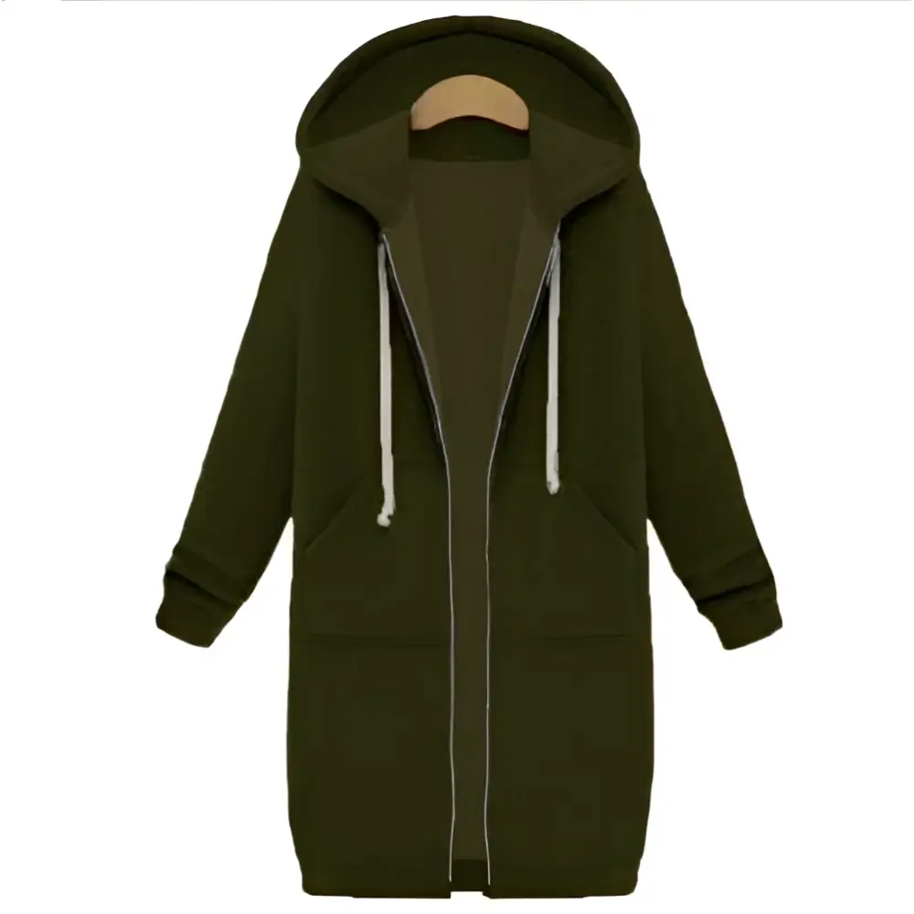 Women zip up long thick hooded winter sweater in olive green gray and black with white drawstrings and front pockets