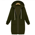 Olive green women zip hooded winter sweater with white drawstrings and front pockets made of thick material