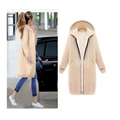 Beige hooded winter sweater for women zip up with plush interior, black zipper accents, and white drawstrings