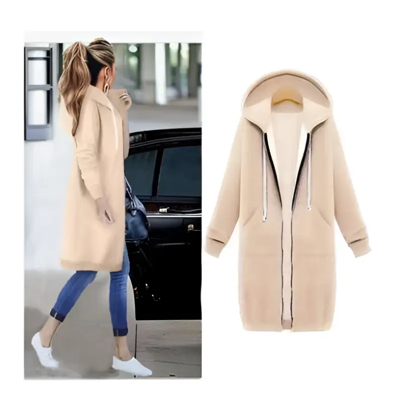 Beige hooded winter sweater for women zip up with plush interior, black zipper accents, and white drawstrings