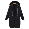 Black women zip up long thick hooded winter sweater with white drawstrings and front pockets for cold weather