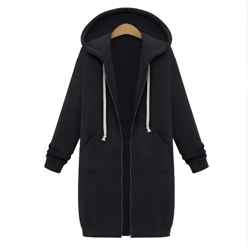 Black women zip up long thick hooded winter sweater with white drawstrings and front pockets for cold weather