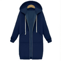 Navy blue fleece-lined women zip up long thick hooded winter sweater with white drawstrings and front pockets
