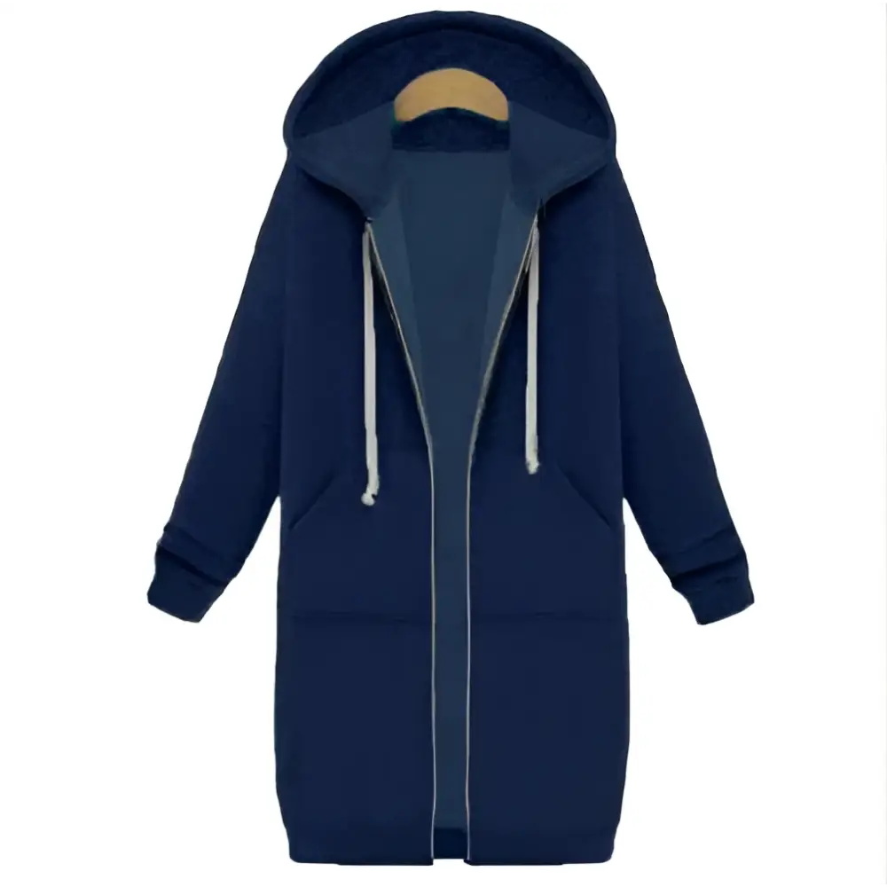 Navy blue fleece-lined women zip up long thick hooded winter sweater with white drawstrings and front pockets