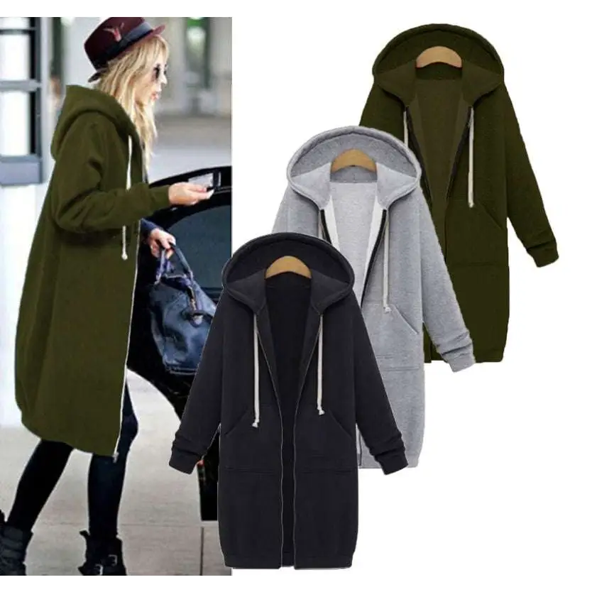 Women zip up long thick hooded winter sweater in olive green gray and black with white drawstrings and front pockets