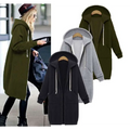 Women zip up long thick hooded winter sweater in olive green gray and black with white drawstrings and front pockets