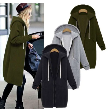 Women zip up long thick hooded winter sweater in olive green gray and black with white drawstrings and front pockets