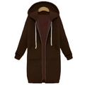 Women zip up long thick hooded winter sweater in brown with white drawstrings and front pockets for cold weather use