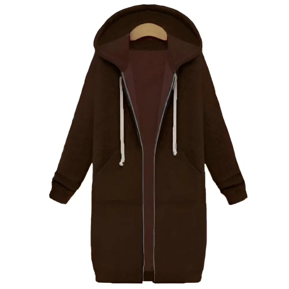 Women zip up long thick hooded winter sweater in brown with white drawstrings and front pockets for cold weather use