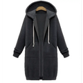 Dark gray women zip hooded winter sweater with soft fleece interior and matching white drawstrings for warmth