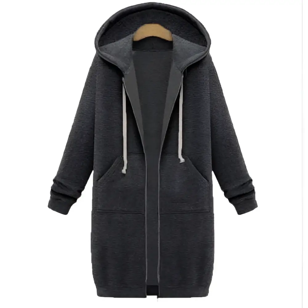 Dark gray women zip hooded winter sweater with soft fleece interior and matching white drawstrings for warmth