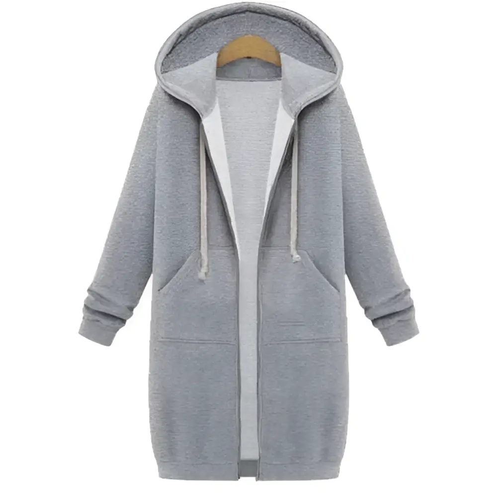 Women zip gray hooded winter sweater with matching inner lining and white drawstrings for cold weather wear