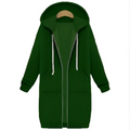 A dark green women zip up long thick hooded winter sweater with white drawstrings and front pockets