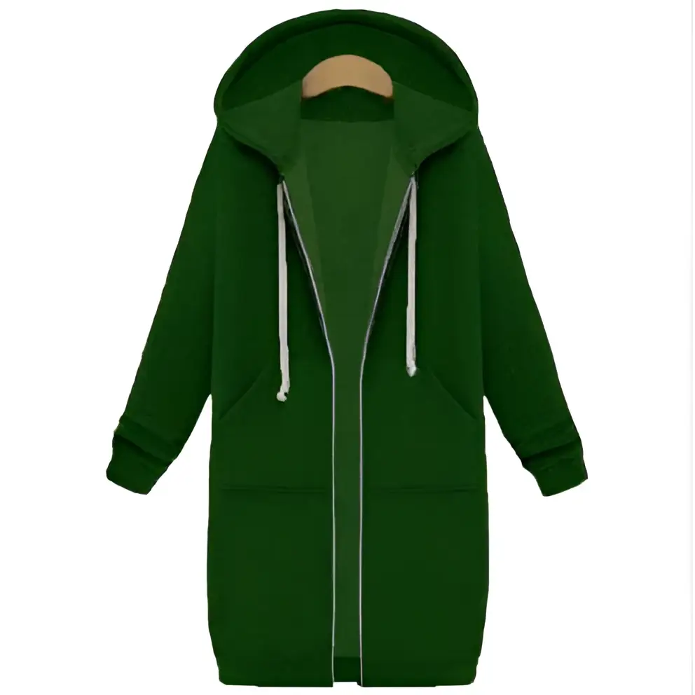 A dark green women zip up long thick hooded winter sweater with white drawstrings and front pockets