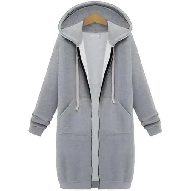 Women zip up long thick hooded winter sweater in gray with contrasting black zipper and white drawstrings for cold weather