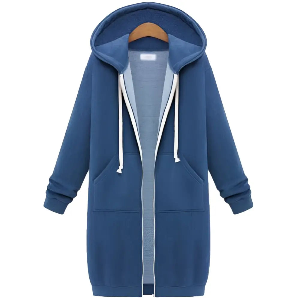 Women zip up long thick hooded winter sweater in blue with lighter interior, white drawstrings, and front pockets