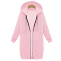 Women zip up long thick hooded winter sweater in pink fleece with black zipper trim and white drawstrings