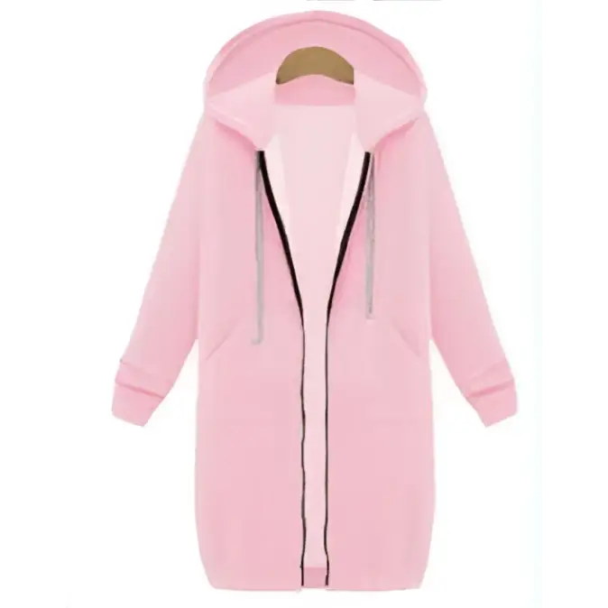Women zip up long thick hooded winter sweater in pink fleece with black zipper trim and white drawstrings