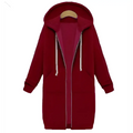 A cozy maroon women zip hooded winter sweater with white drawstrings front pockets and thick zip-up design
