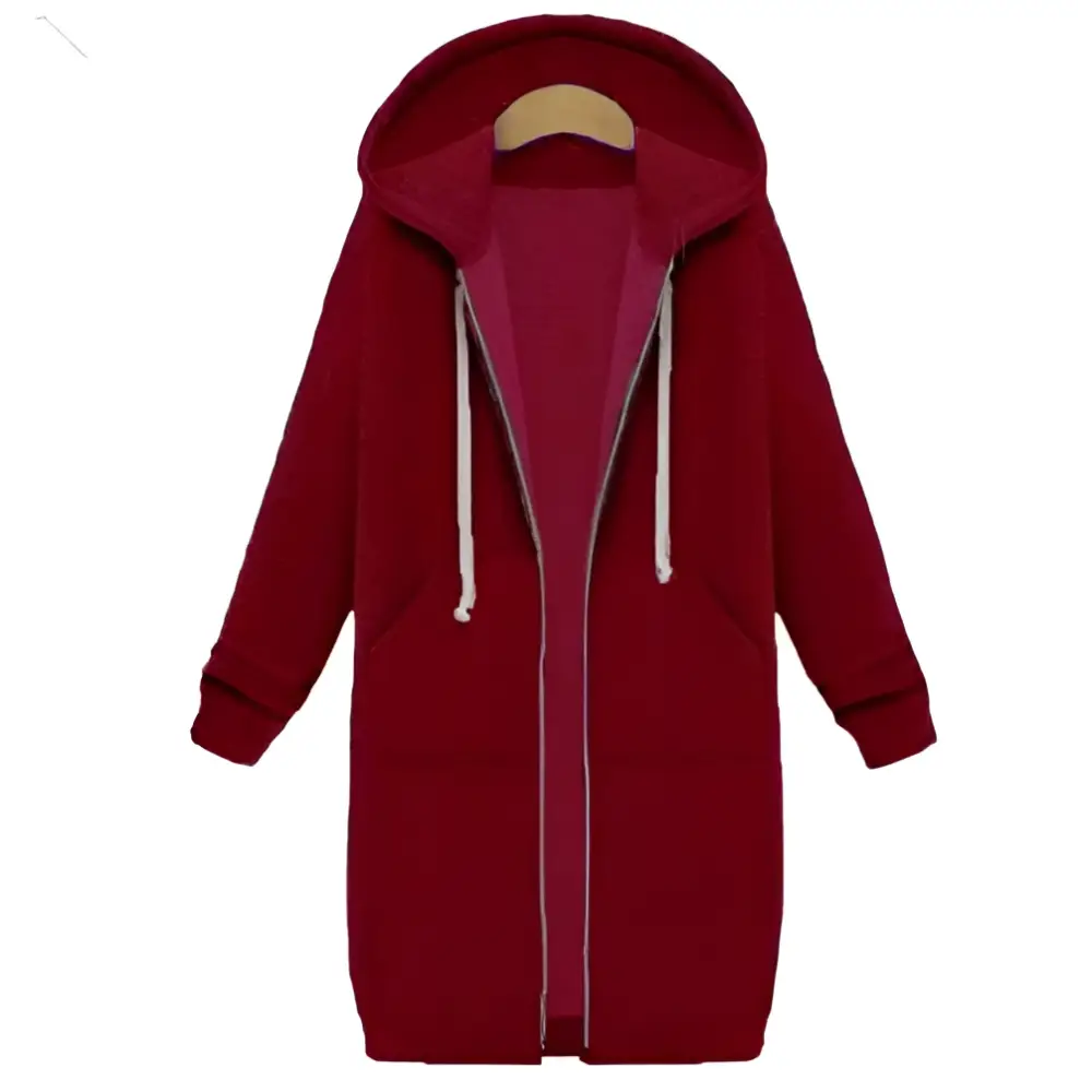 A cozy maroon women zip hooded winter sweater with white drawstrings front pockets and thick zip-up design