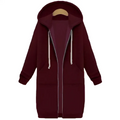 Maroon women zip up long thick hooded winter sweater with white drawstrings and front pockets for cold weather
