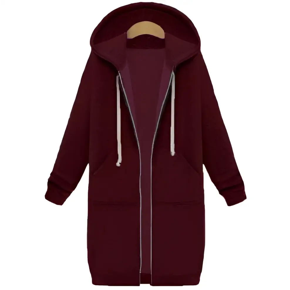 Maroon women zip up long thick hooded winter sweater with white drawstrings and front pockets for cold weather