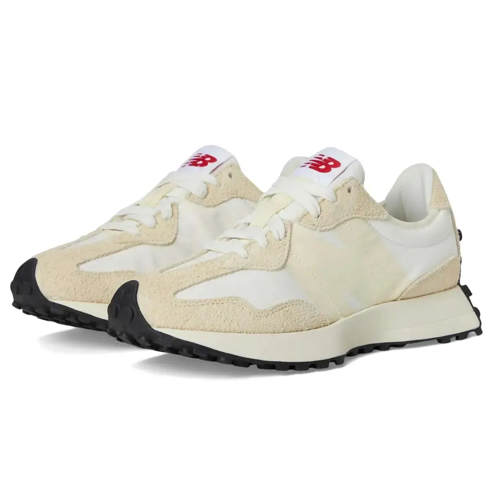 Womens new balance 327 sneaker angora sea salt in cream with white and black suede and mesh upper