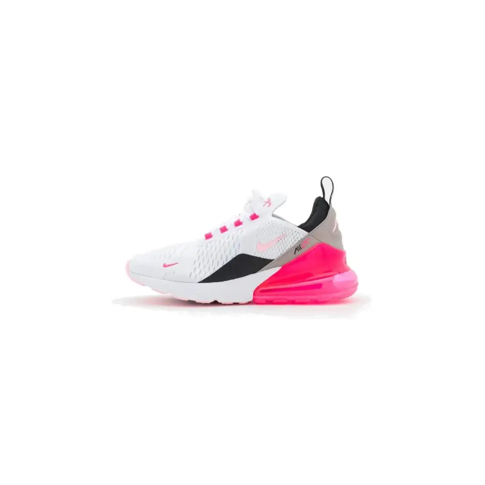 Womens air max 270 white and pink sneakers featuring vibrant pink accents and a translucent neon pink air unit heel
