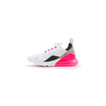 Womens Air Max 270 white and pink sneakers featuring vibrant pink accents, translucent neon pink air unit, and soft cushioning