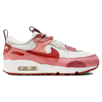 Womens air max 90 futura red stardust sneaker with pink and white suede upper and red swoosh and heel accents