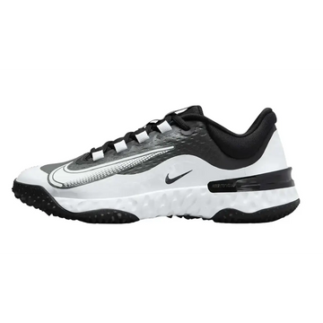 Womens alpha huarache elite 4 softball turf shoes in white and black with textured upper and silver swoosh detailing