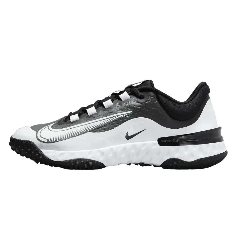 Womens alpha huarache elite 4 softball turf shoes in white and black with textured upper and silver swoosh detailing