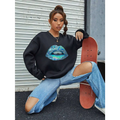 Black women’s blue lips graphic long sleeve sweatshirt with vibrant blue and teal watercolor-style lip print