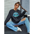 Black long sleeve sweatshirt for women featuring a vibrant iridescent blue lips graphic on the front