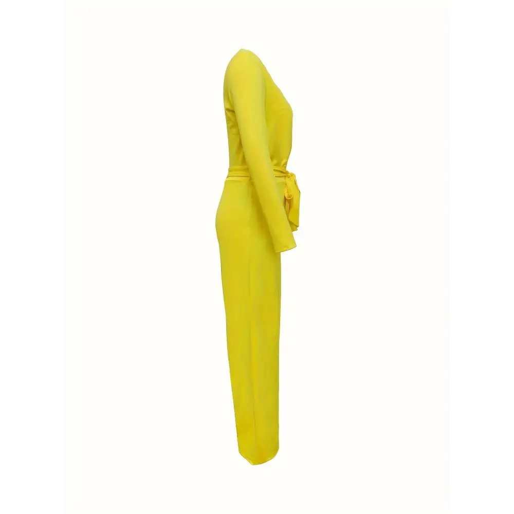 Bright yellow long-sleeved wrap jumpsuit with belted waist and wide-leg pants for a casual sleeveless jumpsuit look