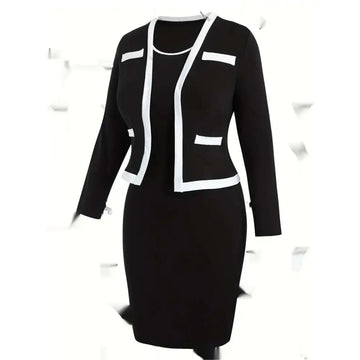Women’s black and white matching blazer and hip skirt set with tailored blazer featuring contrasting trim and pencil skirt