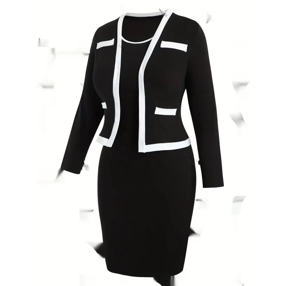 Women’s black and white matching blazer and hip skirt set with tailored blazer featuring contrasting trim and pencil skirt
