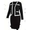Black and white women’s matching blazer and hip skirt set with bold contrast piping and fitted pencil skirt design