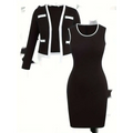 Black sleeveless bodycon dress with white trim paired with a matching blazer and hip skirt set for women