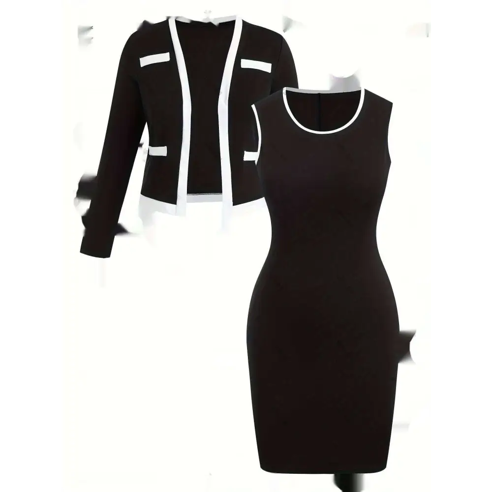 Black sleeveless bodycon dress with white trim paired with a matching blazer and hip skirt set for women
