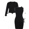 Black form-fitting midi dress with a sleek bodycon silhouette and long sleeves for a matching blazer hip skirt set