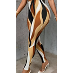 Women’s colourblock printed slim fit leggings featuring bold black white and tan abstract stripes in a tight fit design
