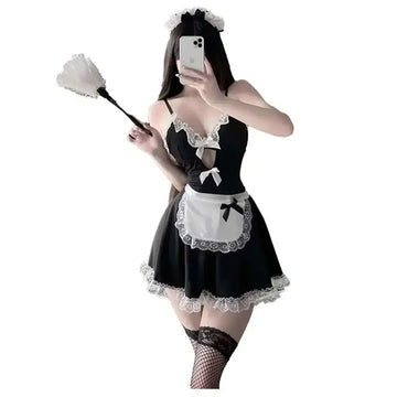 Black and white lace-trimmed womens cosplay sexy french maid lace costume with corset top skirt apron and headpiece