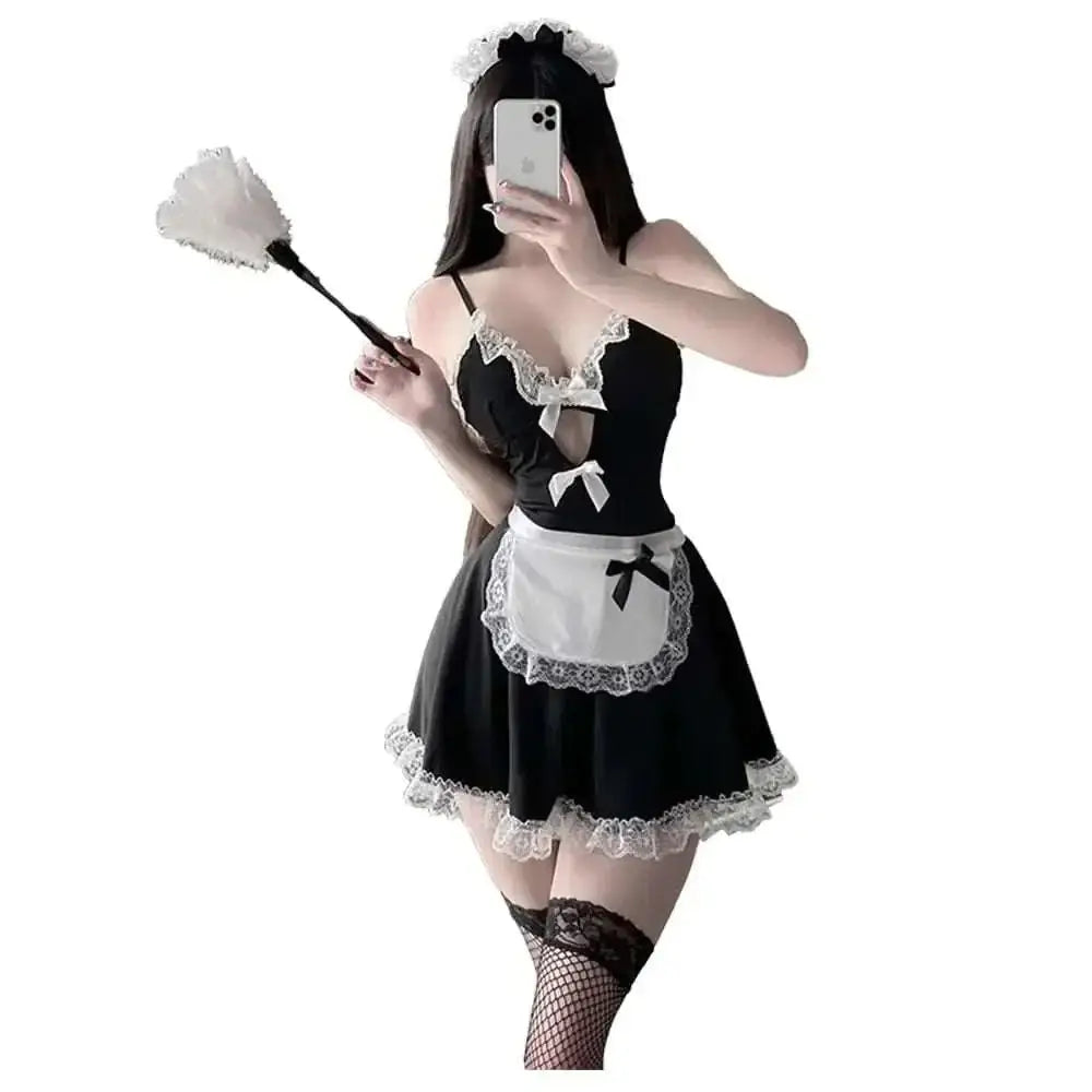 Womens cosplay sexy black and white lace-trimmed french maid lace costume with corset top skirt apron and headpiece