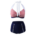 Womens floral halter high waist bikini with red and white striped padded push top and navy blue bottom with silver buttons